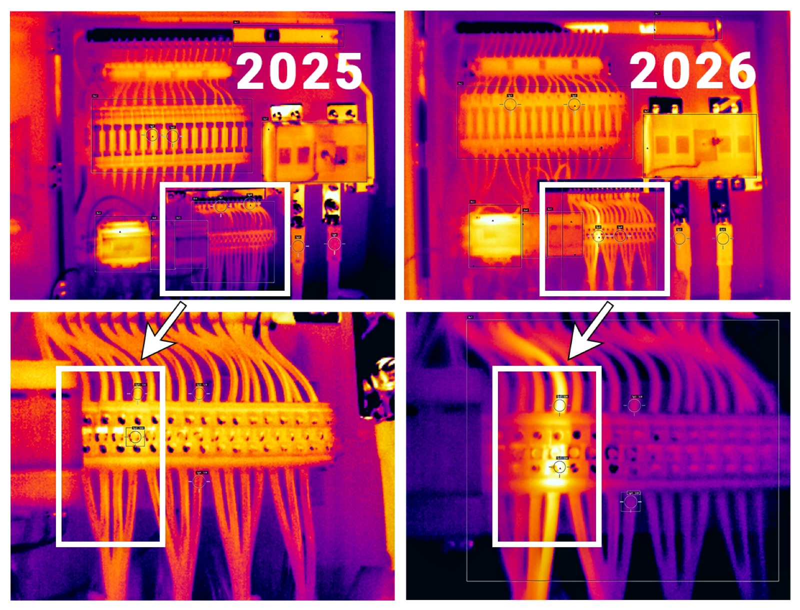 The same switchboard surveyed in 2025 and 2026, showing the fault developing